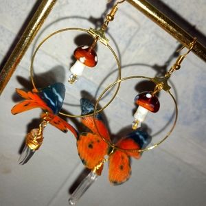 Butterfly hoop mushroom drop earrings